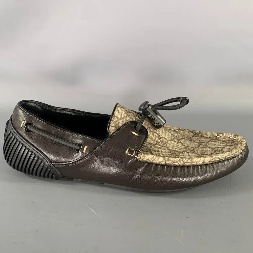GUCCI Size 9.5 Tan Brown Monogram Leather Drivers Loafers